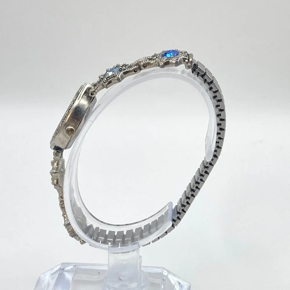Vtg LA Express Women's Watch MISSING STONE Silver Tone Blue Crystals New Battery